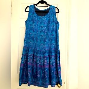Turquoise Blue Drop Waist Printed Silk Dress